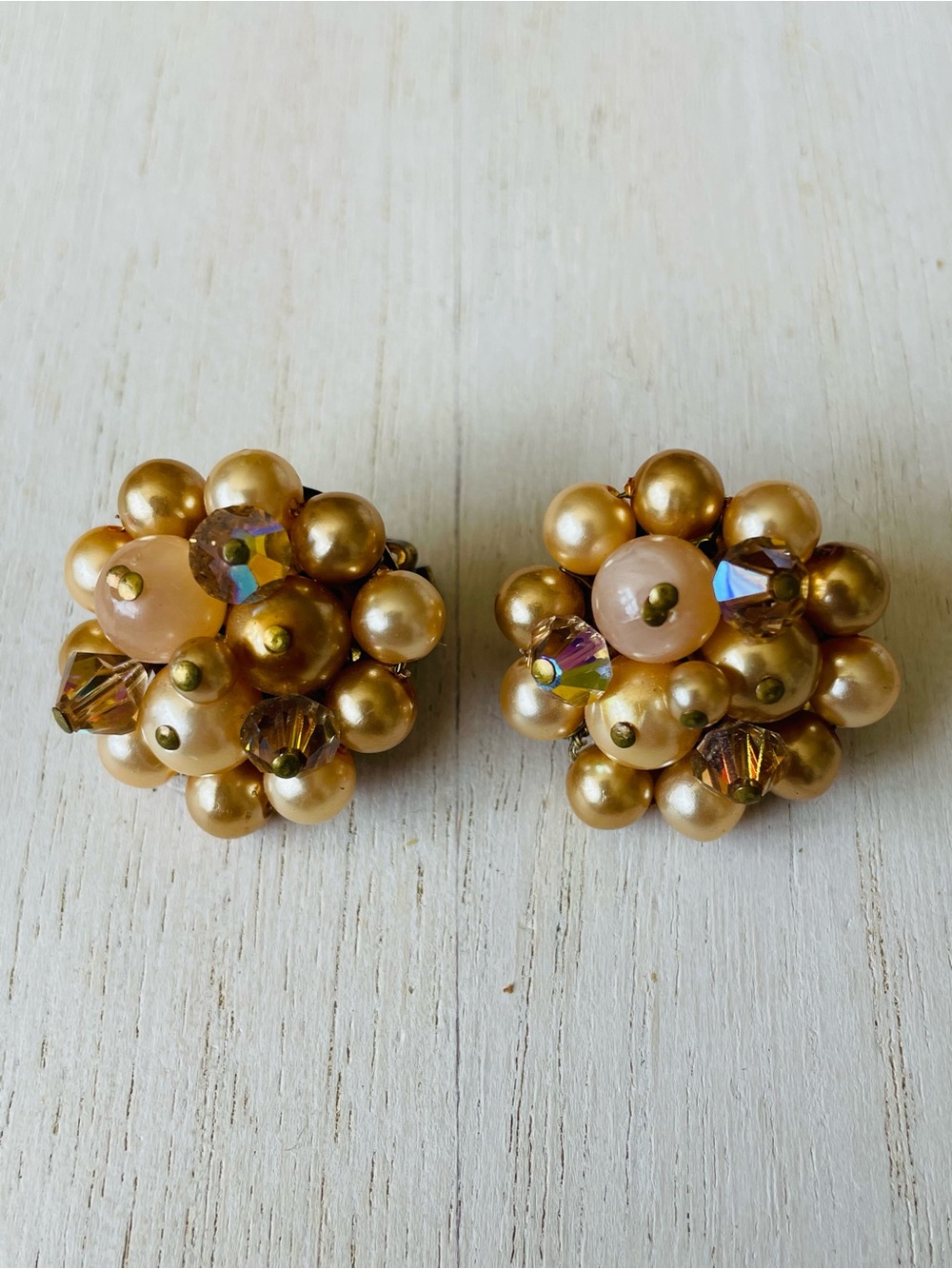 Gorgeous Champagne Crystal Pearl Cluster Clip-On Earrings 1950’s